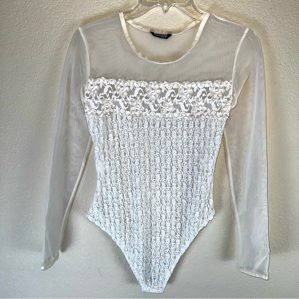 SAGAIE Paris Semi-Sheer Lace/Mesh Long Sleeve Bodysuit Ivory Sz S